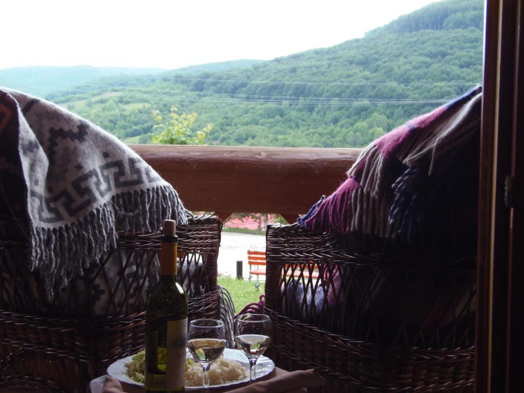 波利亚纳卡琳娜游客大厦酒店的一张桌子,上面放有两瓶葡萄酒和两杯酒