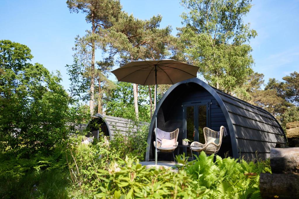 奥斯特韦克Kampinastaete, hippe cottages midden in natuurgebied de Kampina Oisterwijk的黑色圆顶帐篷配有两把椅子和一把遮阳伞