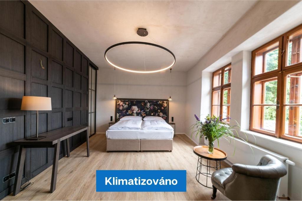 兹诺伊莫Hotel Clemar的卧室配有一张床、一张书桌和窗户。