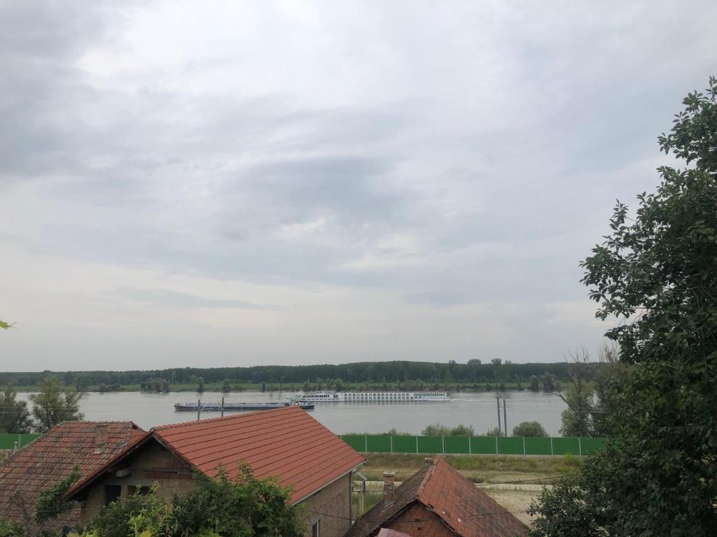 斯雷姆斯基卡尔洛夫奇Julie's family hostel at Novi sad Sremski karlovic的享有河流美景,设有房屋和码头