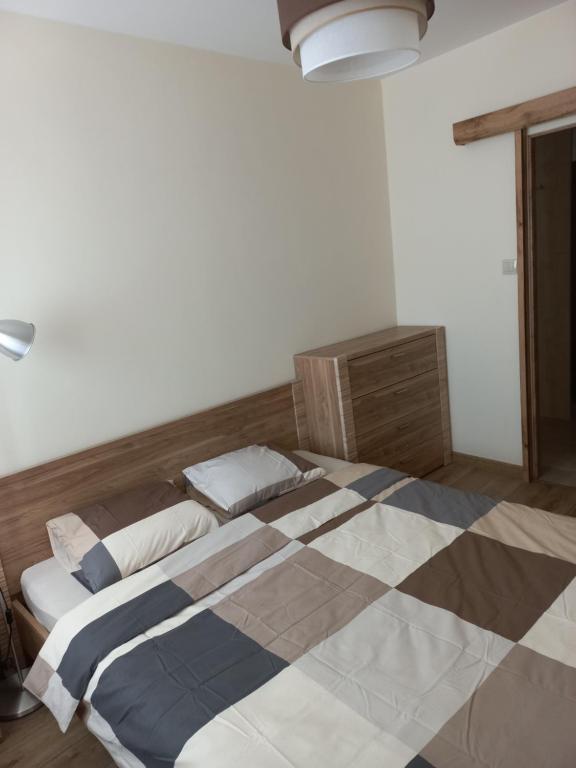 比得哥什Apartament 7 Piętro的一间卧室设有一张大床,铺有 ⁇ 格地板