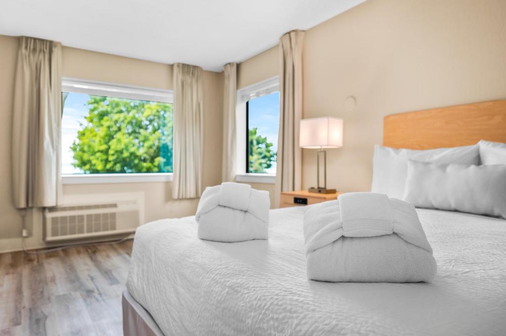 特拉弗斯城Gold Coast Inn Breathtaking Sunsets Corner Lake View Room 201的酒店客房设有一张床和两个窗户。