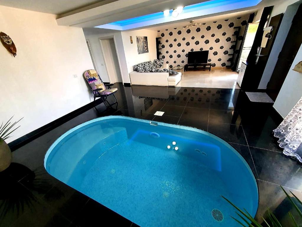 GhioneaAlpha Pool House的客厅中央的大蓝色浴缸