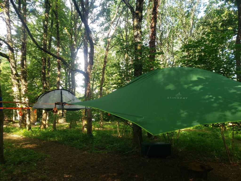 圣帕尔杜D'En Haut tentes suspendues的树林里的绿色帐篷,配有雨伞