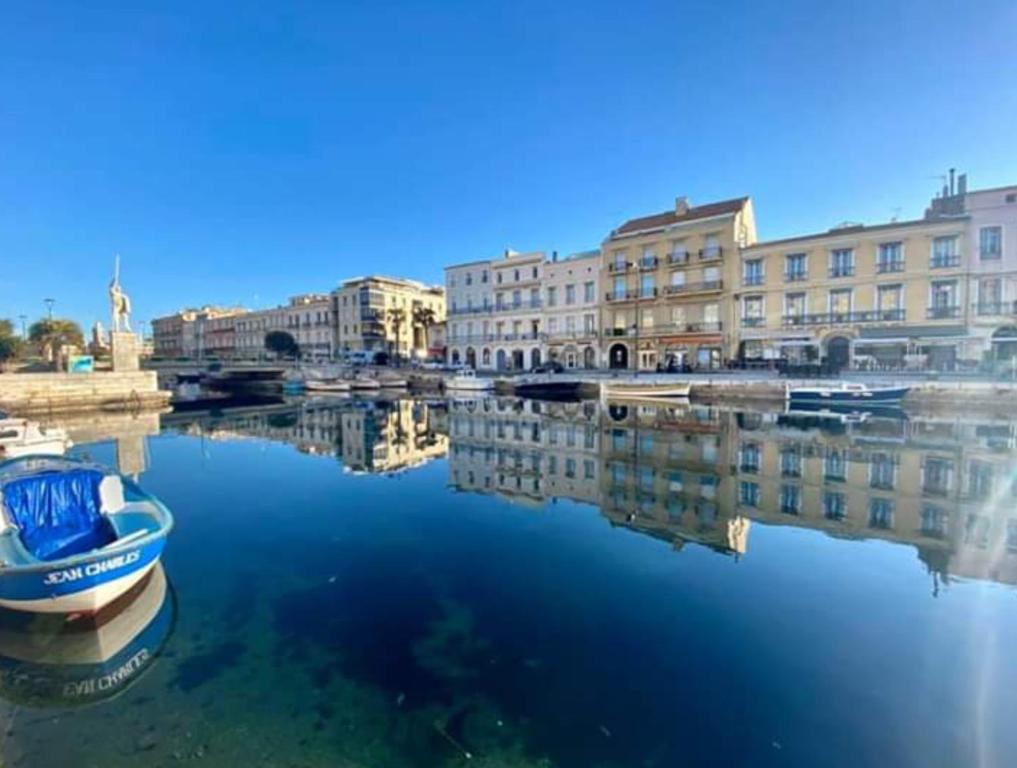 塞特港Appartement Sète proche centre ville的船身为水体的小船,有建筑物
