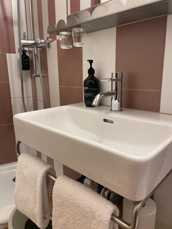 策尔内茨阿德勒加尼酒店的浴室内的白色水槽和一瓶肥皂
