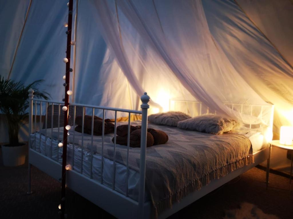 Jonvabalių miškas的一间卧室配有带圣诞灯的天蓬床