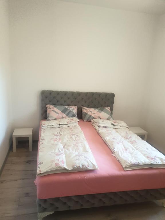 Gornja ToplicaApartmani Banja Vrujci Lux的一张位于房间的床,上面有两个枕头