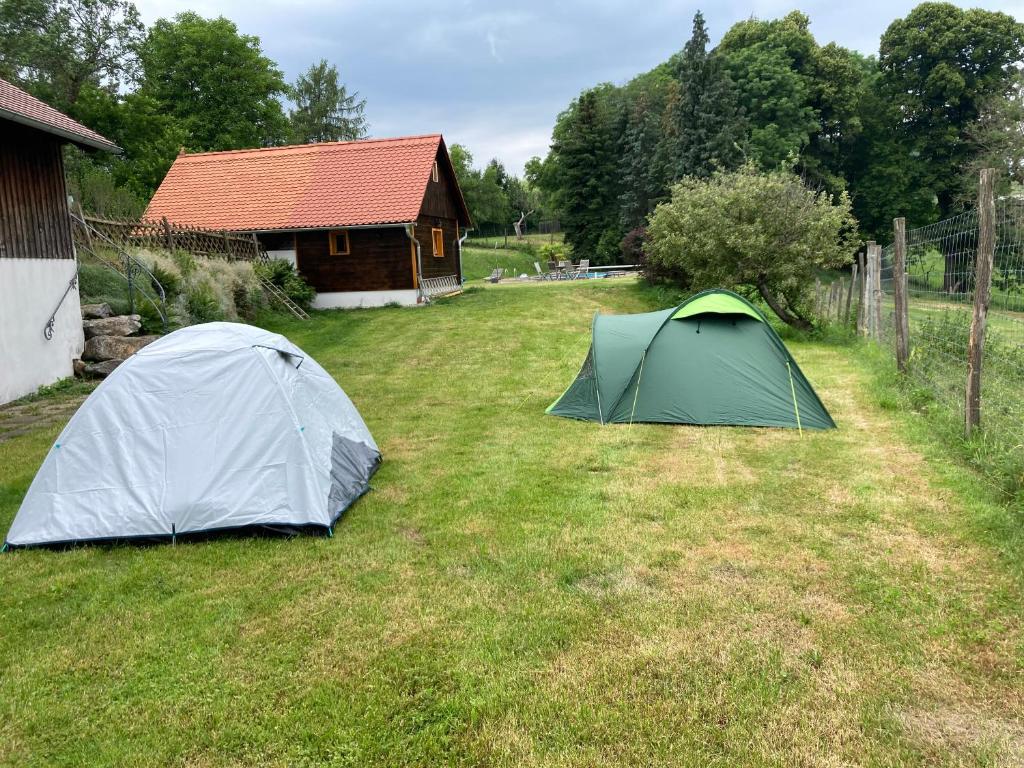 SemriachCamping f Selbstversorger Gut Jägerhof的房屋前草上两个帐篷