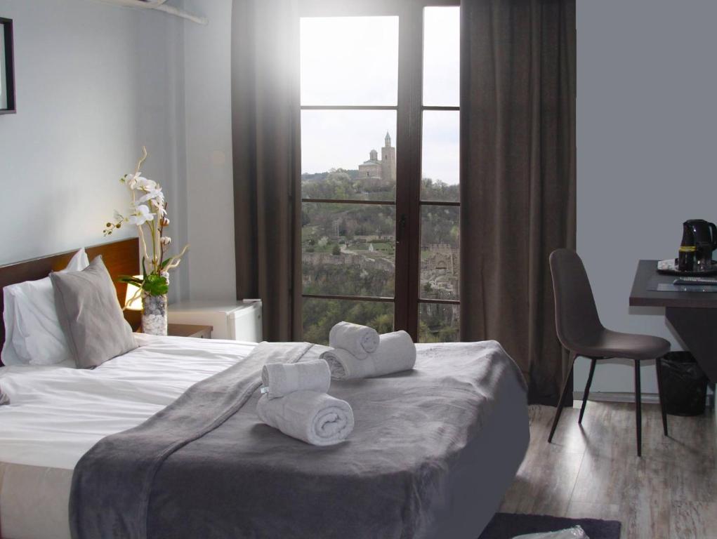 大特尔诺沃The Hill的配有一张床、一张书桌和一扇窗户的酒店客房
