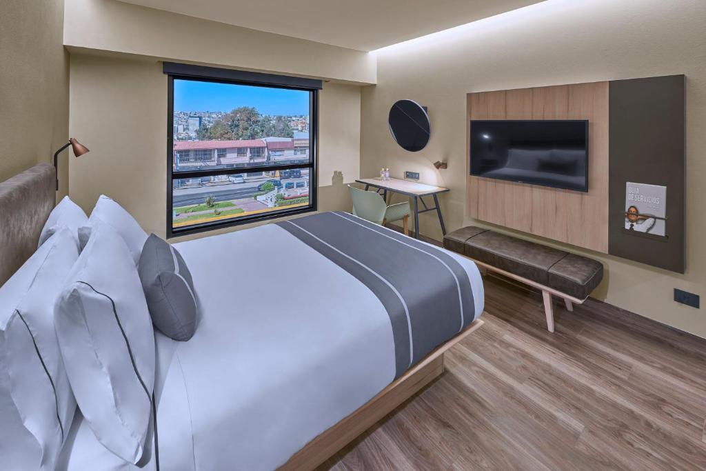 提华纳City Express Plus by Marriott Tijuana的一间酒店客房,设有一张大床和一个大窗户