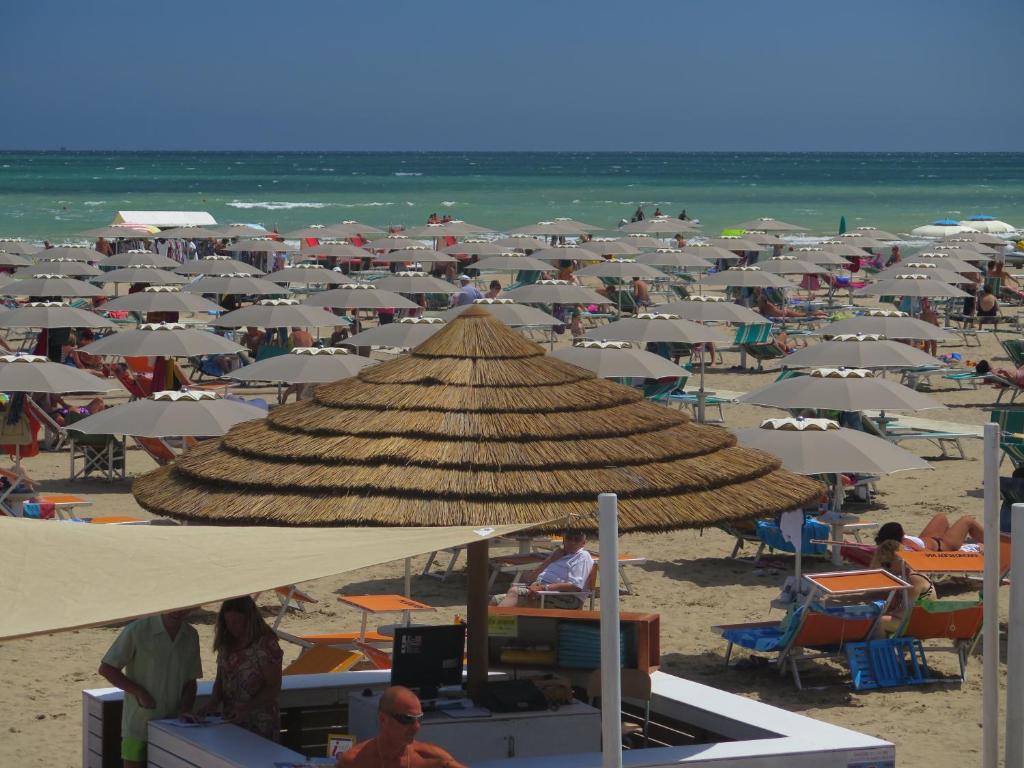 里米尼Hotel Giorg的海滩上有很多遮阳伞和人