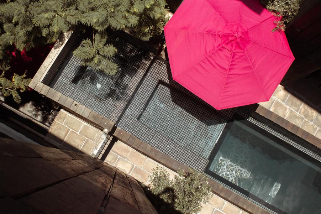 莱昂Elena de Cobre, Leon, a Member of Design Hotels的游泳池旁的粉红色遮阳伞的顶部景色