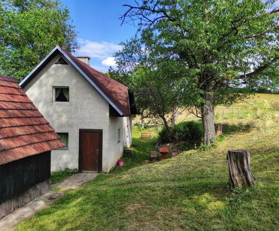 卡罗林卡chaloupka Karolinka的一座白色的房子,在田野上有一个红色的屋顶