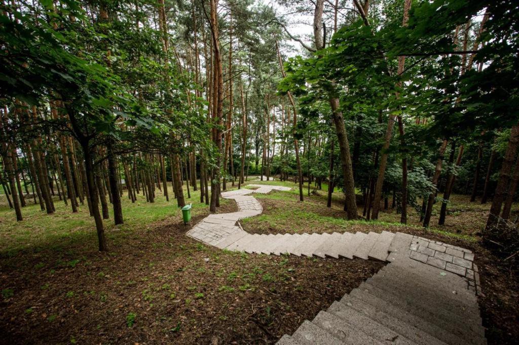 斯诺科Apartament nad Zalewem Zegrzyńskim的树木繁茂的公园中的石头路径