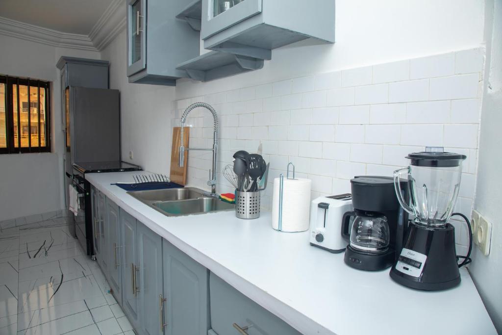 科托努Résidences Inaya的厨房柜台配有搅拌机和水槽