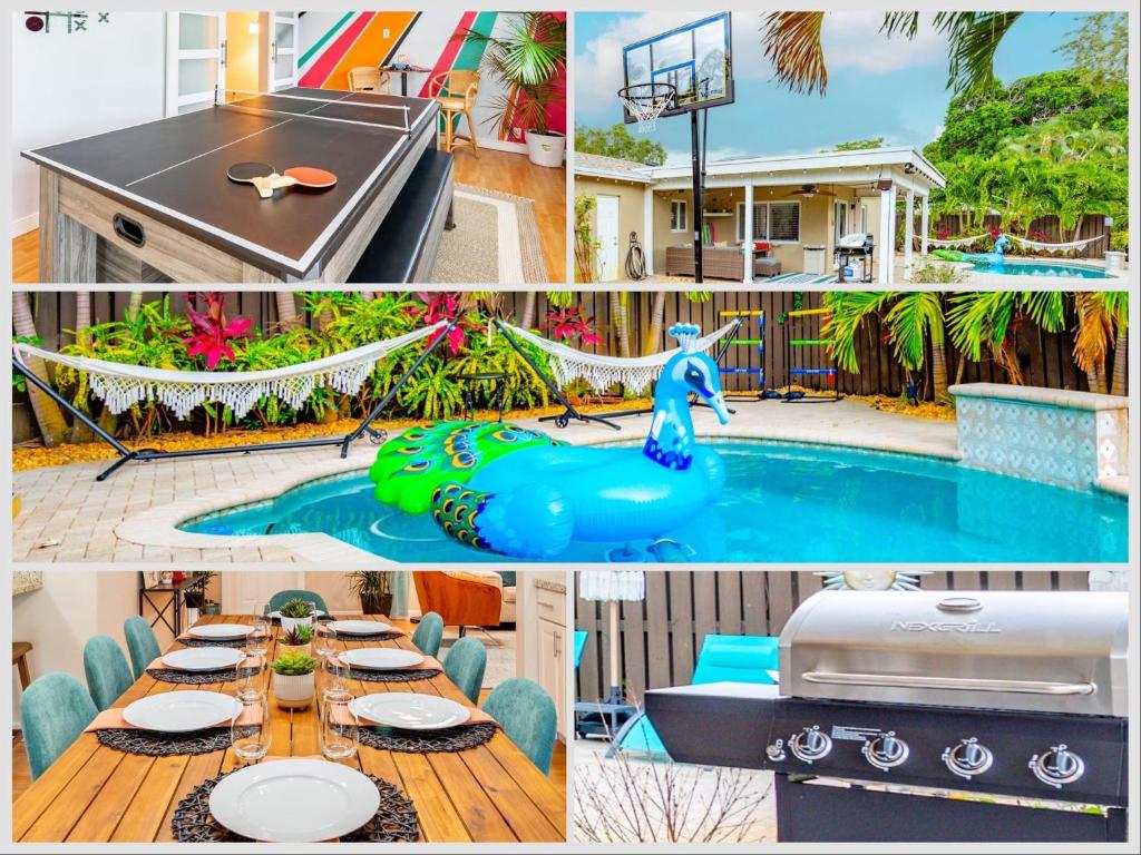 劳德代尔堡Colorful Home - Pool - Game Room - Basketball Court - BBQ & More的游泳池和房子的照片拼凑而成