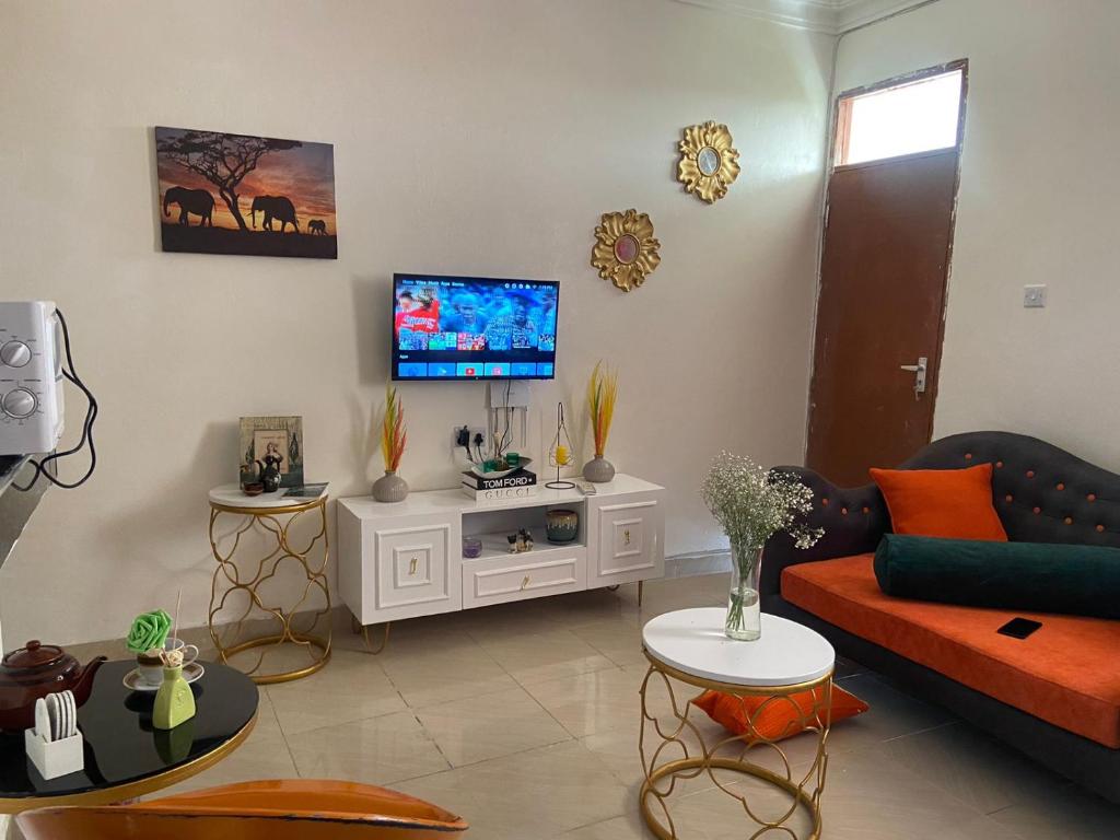 蒙巴萨Davkin Apartments的带沙发和平面电视的客厅