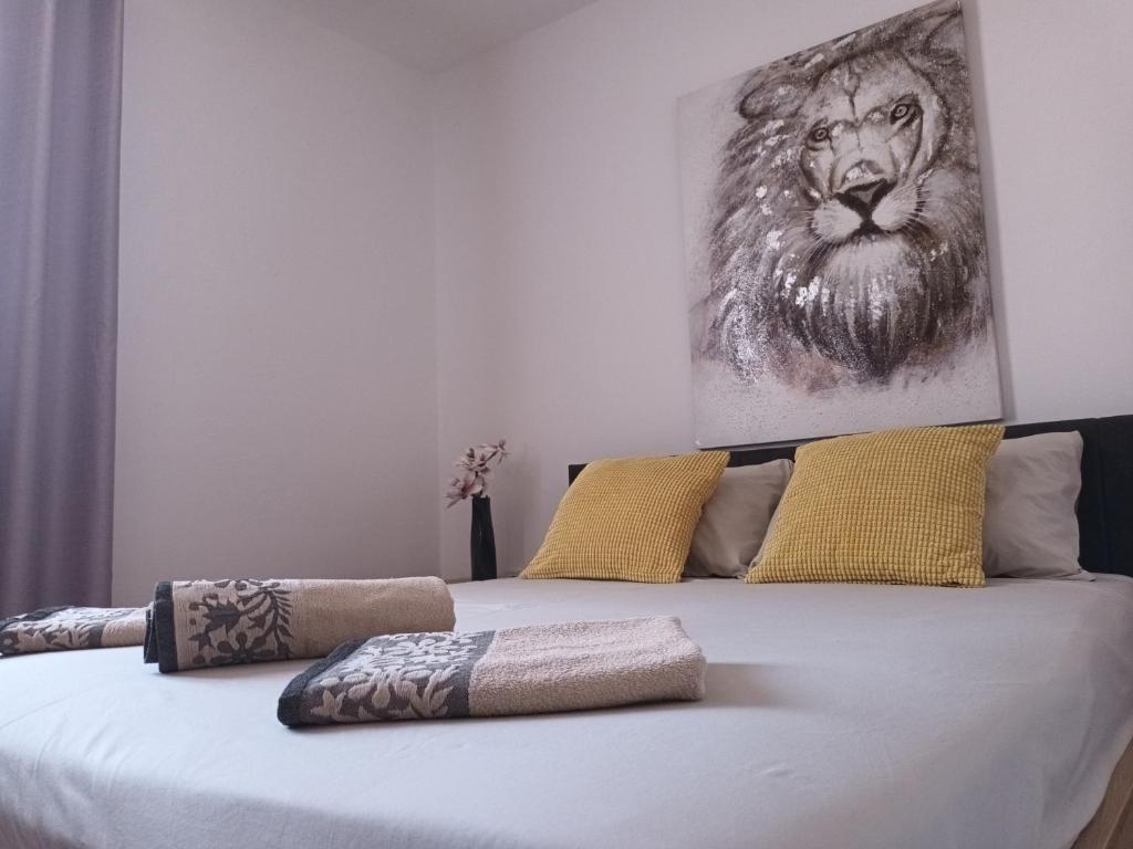 比奥格勒·纳·莫鲁Apartman Kala的一张有狮子图纸的床