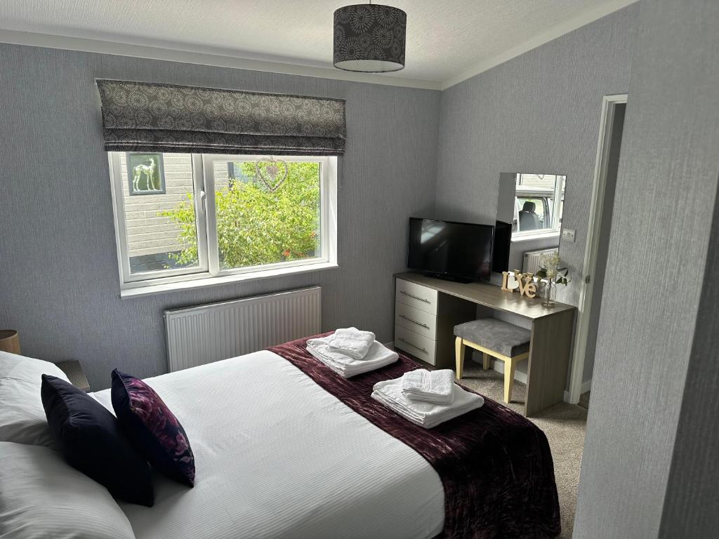 伍德哈尔温泉水疗Orchard View Lodge的一间卧室配有一张床、一张书桌和一台电视
