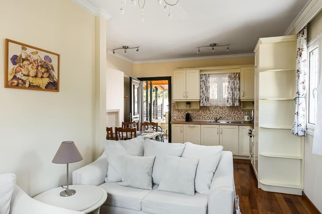 阿查拉维Villa Nona的一间带白色沙发的客厅和一间厨房