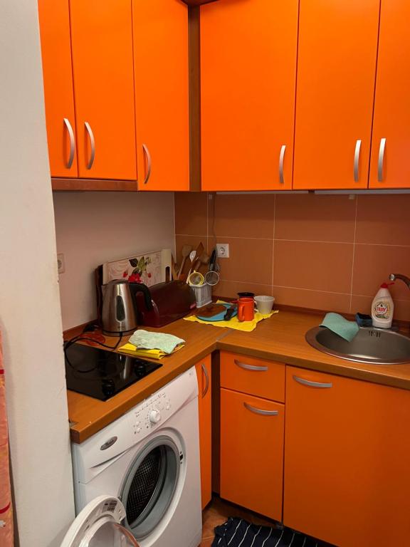 佩特罗瓦纳莫鲁Relax Apartments的厨房配有橙色橱柜和洗衣机。