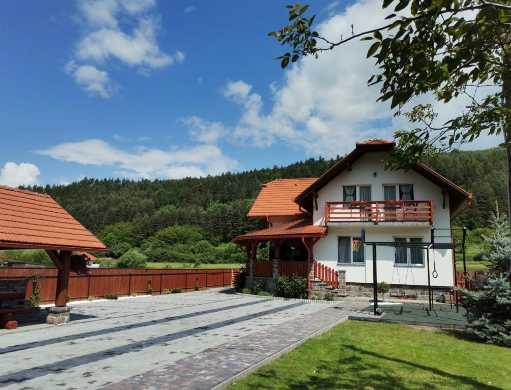 普拉伊德Dió vendégház的一座带红色屋顶和庭院的房子