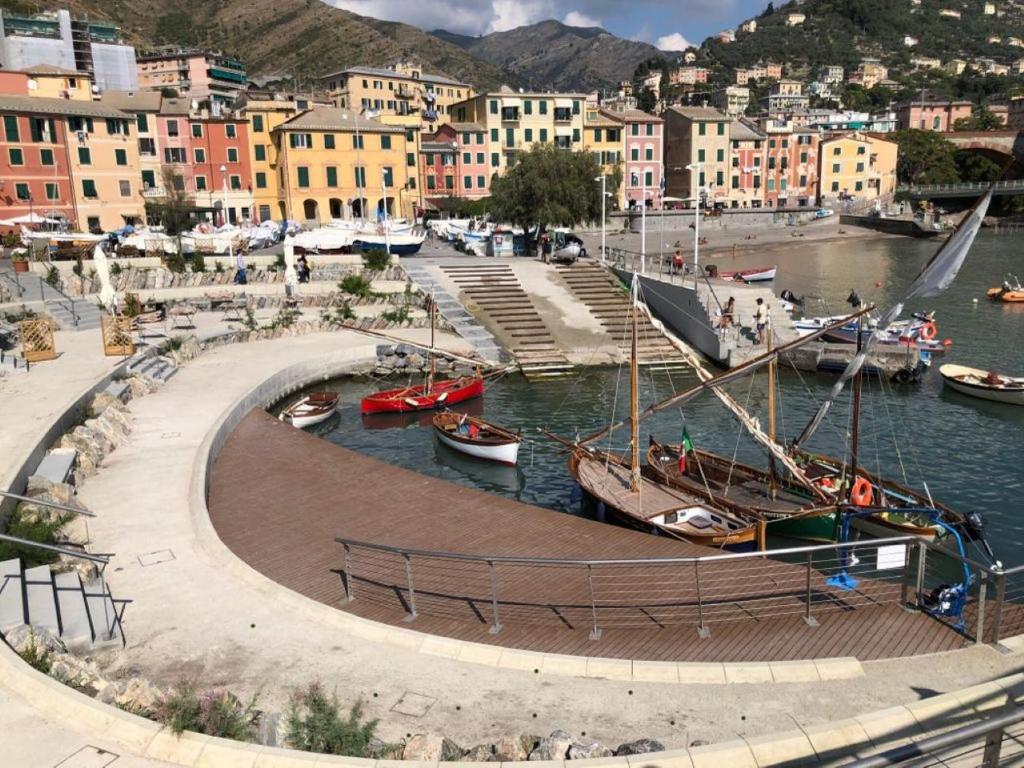 热那亚Dai Pescatori Nervi的码头,在水中和建筑物中设有船只