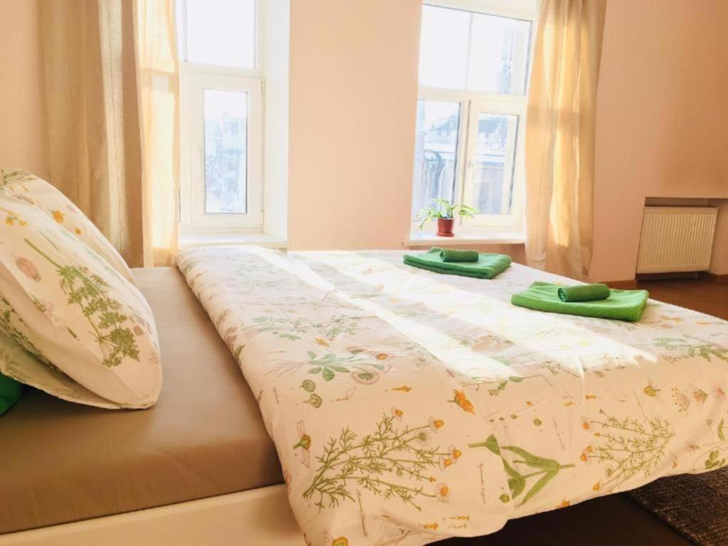 里加大树旅舍的床上有两张绿色枕头