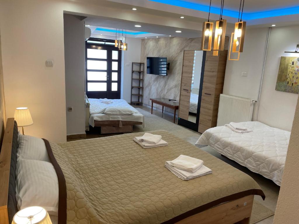 弗拉涅Bora Apartmani - FREE PARKING - CITY CENTER的酒店客房带两张床和一间浴室