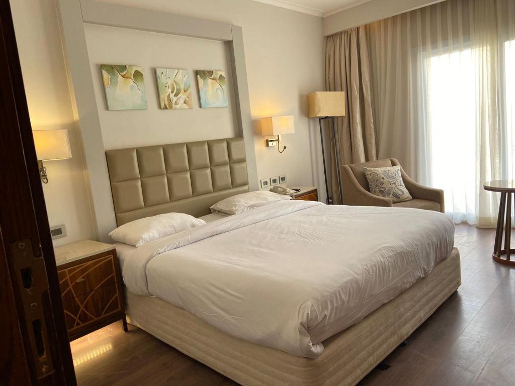 沙姆沙伊赫Hotel studio的酒店客房带一张大床和一把椅子