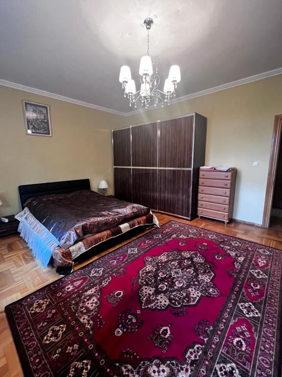 叶尔加瓦Spacious rooms in peaceful Jelgava area的一间卧室配有一张大床和红色地毯。