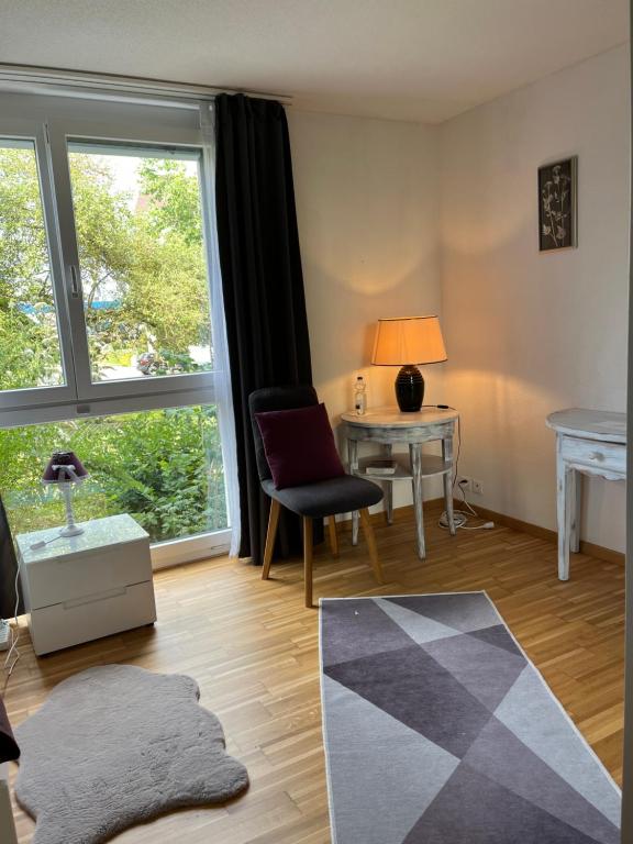 克罗伊茨林根Oasi 2的客厅配有书桌和窗户。