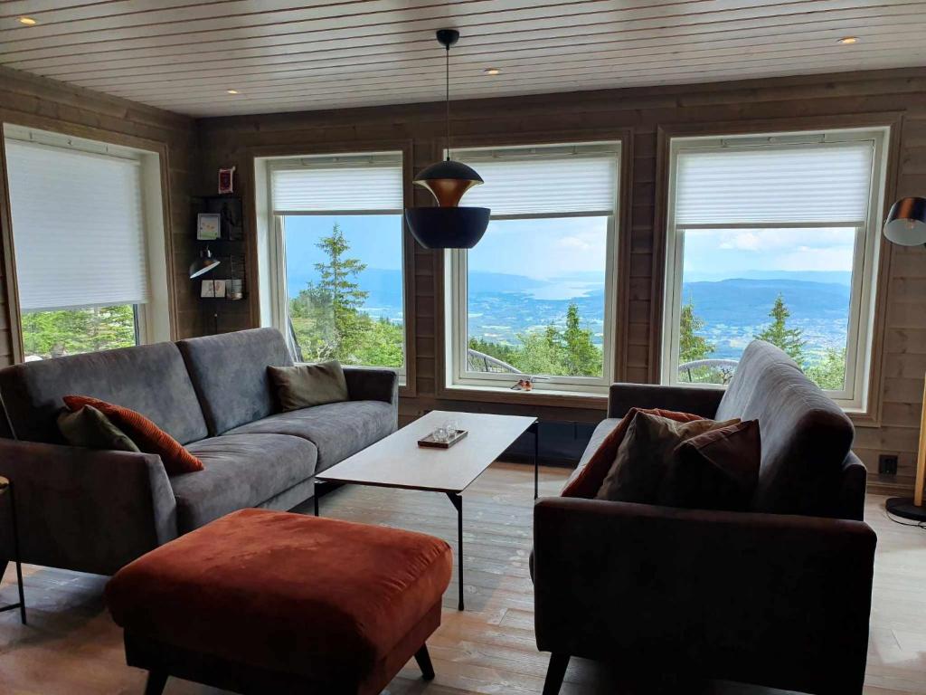 伯Ski in-out at Lifjell-Mountain cabin with majestic views close to Bø Sommarand的带沙发、桌子和窗户的客厅
