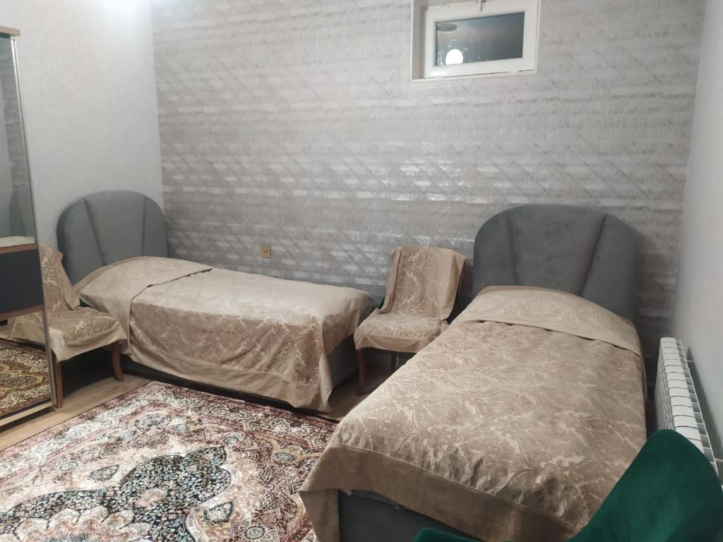 纳希切万House in Nakhchivan city, Azerbaijan的一间设有两张床、椅子和镜子的房间