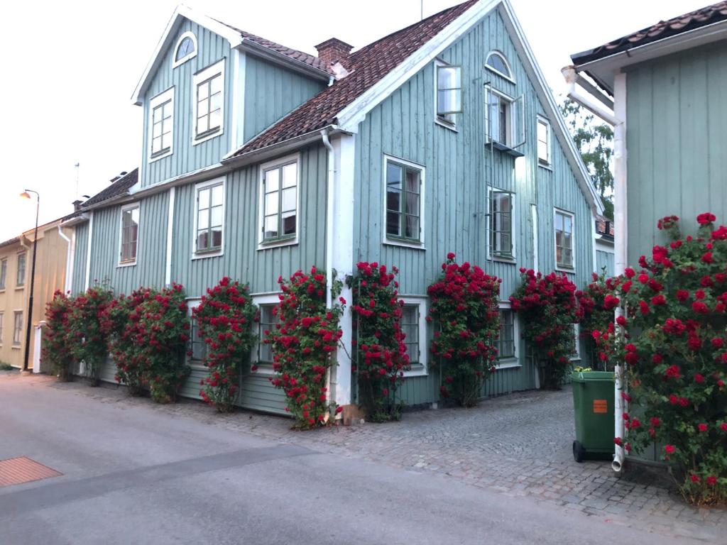 瓦斯泰纳Vadstena semesterlägenhet的蓝色房子的一侧有鲜花