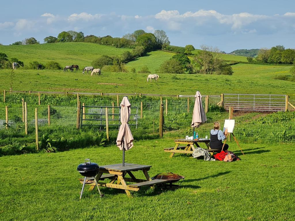CorscombeKnapp Farm Glamping Lodge 2的坐在野餐桌上,在田野上拿着雨伞的女人