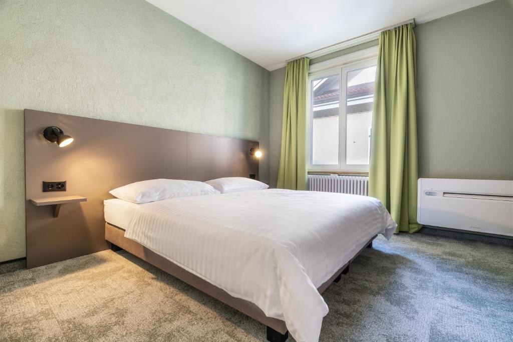 舒伦活flexymotel Schönenwerd的一间卧室设有一张大床和一个窗户。
