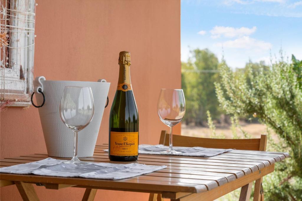 ElmasLe tenute del mandarino的一张桌子上放着一瓶葡萄酒,放上两杯