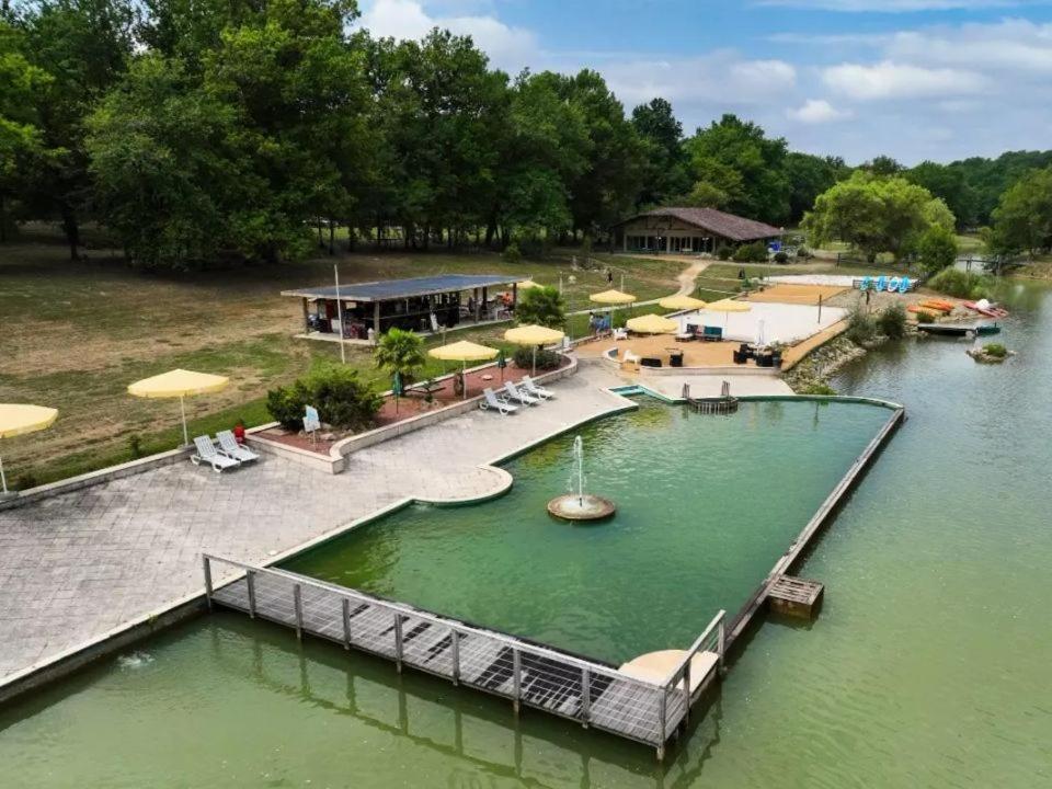 Bretagne-dʼArmagnacMobile Home的一座带桥梁的大型绿色海水游泳池
