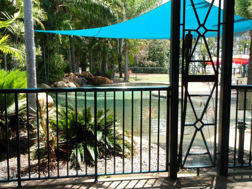 汤斯维尔丛林海滩假日公园的从动物园的大门可欣赏到游泳池的景色