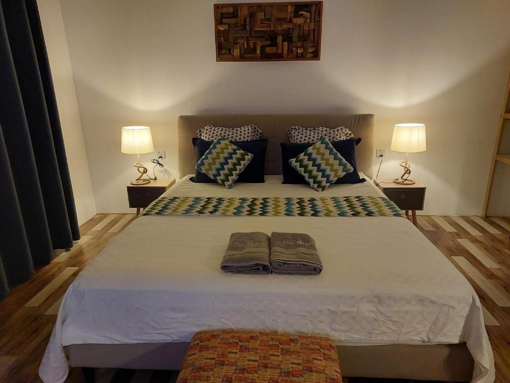 拉戈莱特Labrize Studio的一间卧室配有一张大床和两个枕头