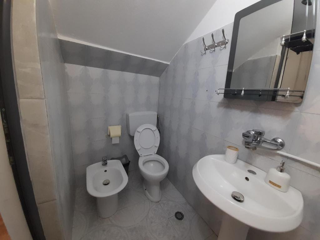 都拉斯Villa Kurti的一间带水槽、卫生间和镜子的浴室
