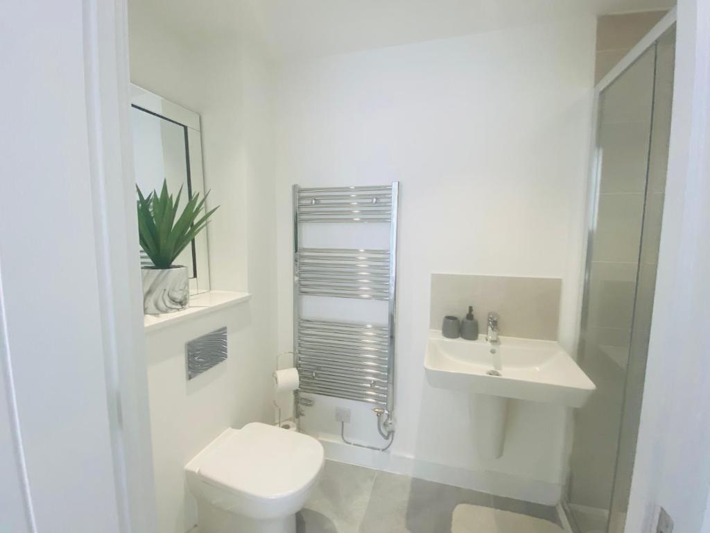 曼彻斯特Stylish New Built的白色的浴室设有卫生间和水槽。