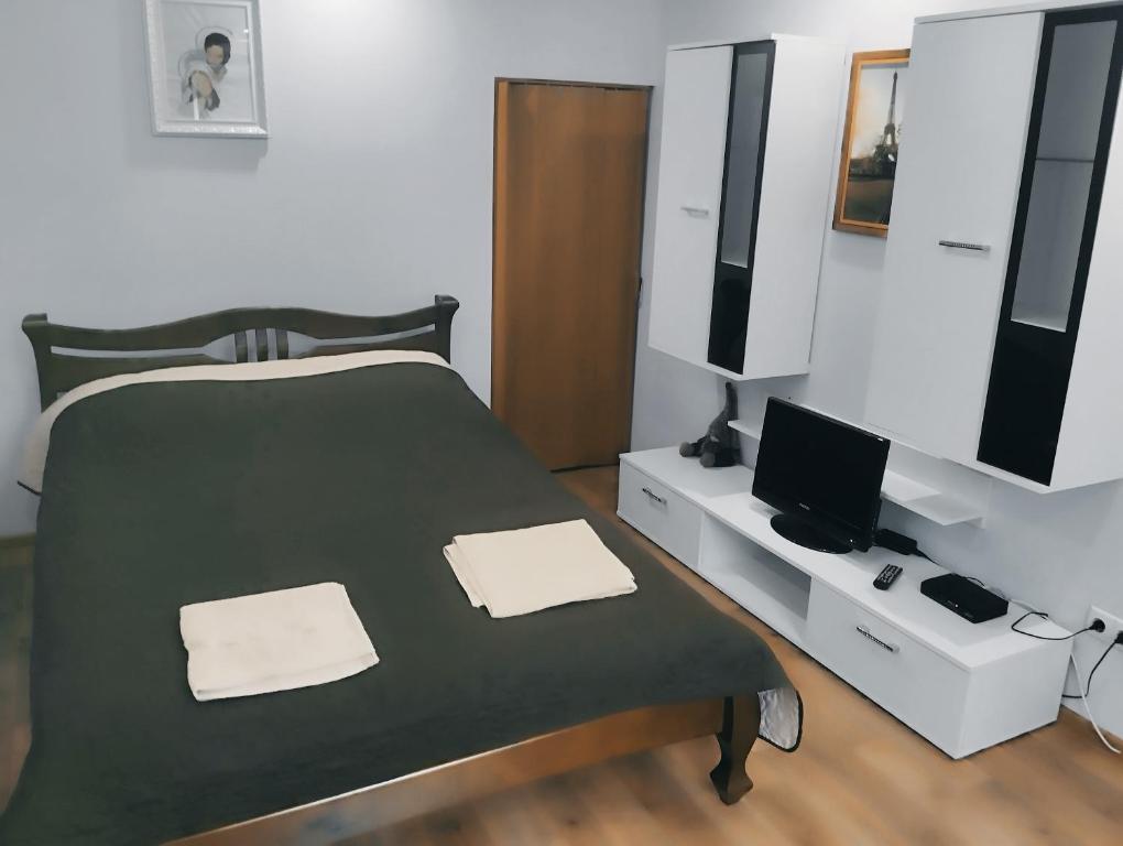 斯科列Садиба у Богдана的一间卧室配有一张大床和电视