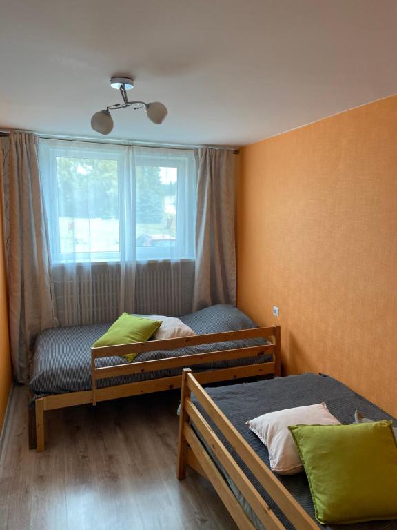 帕维洛斯塔Family stay in Pavilosta的一间卧室设有两张床和窗户。