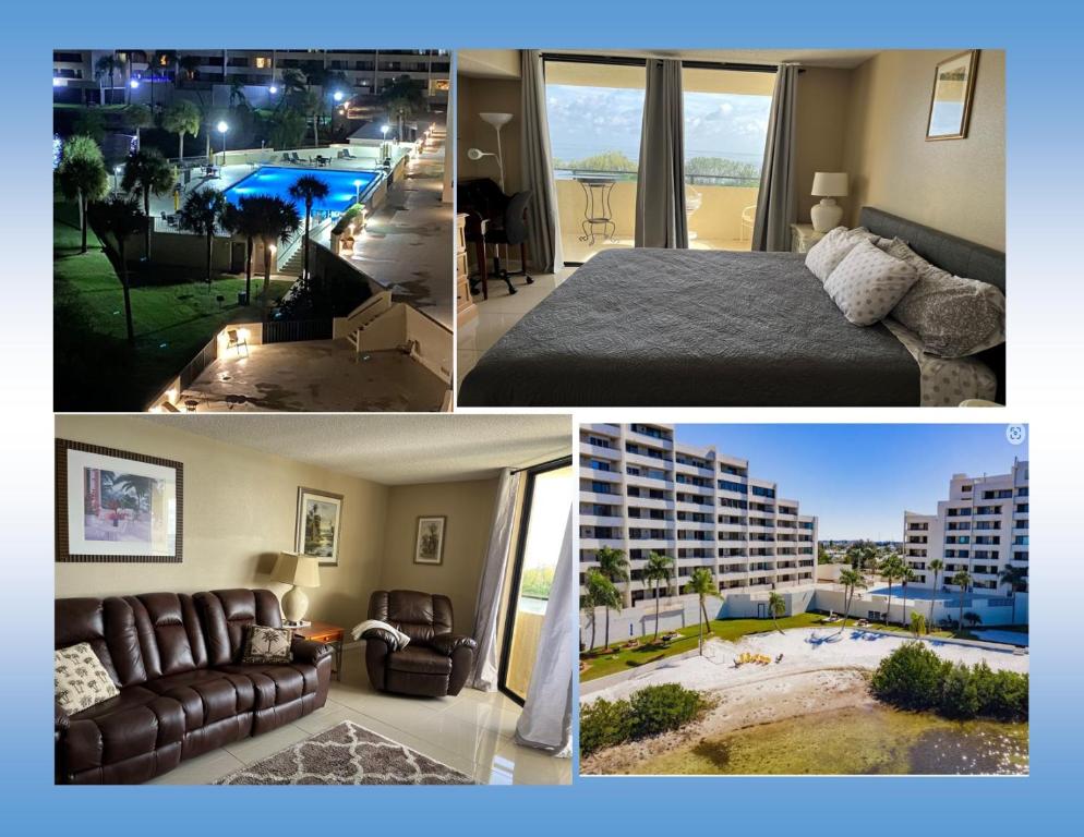 哈得逊Cozy Gulf of Mexico Resort Condo #603 in Hudson的一张床铺的酒店客房的三张图片拼贴,享有美景
