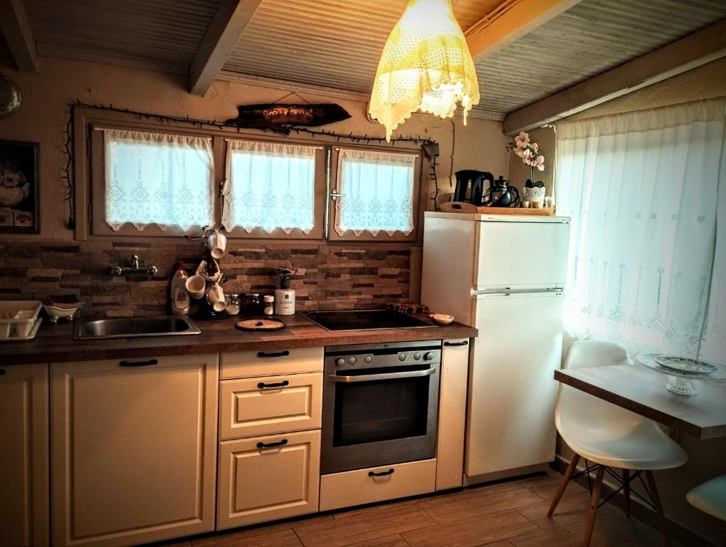 埃利尼科Sofias cottage的厨房配有白色冰箱和水槽