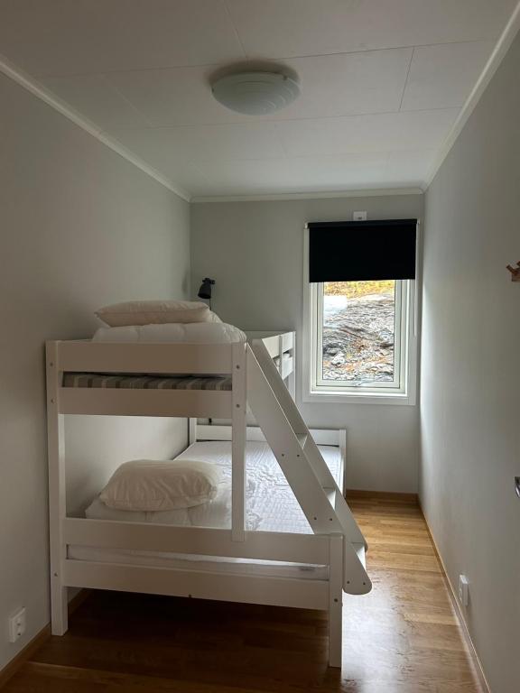 塔那比Tärnaby UpHill的窗户客房内的一张白色双层床