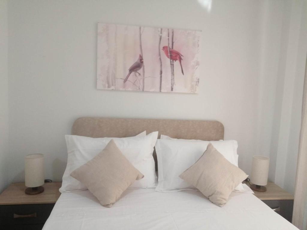 阿尔戈斯托利翁Argostoli Elia's Maisonette的一张带白色枕头的床和一张墙上的照片